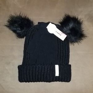 BCBG Girls Black Pom Pom Hat & Mitten Set